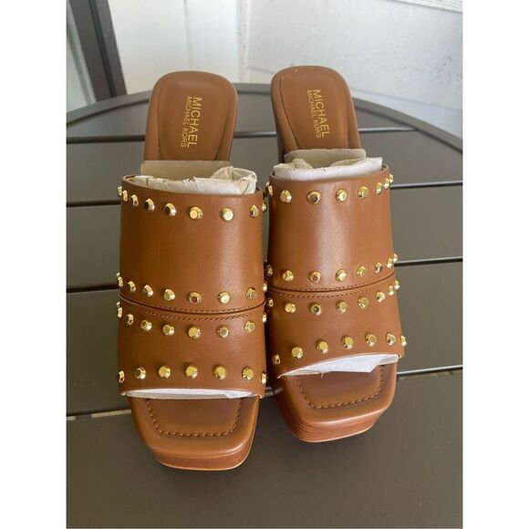 NWOB Michael Kors Jagger Studded Platform Mule Heel Sandal Brown Boho Size 7M - Picture 13 of 13